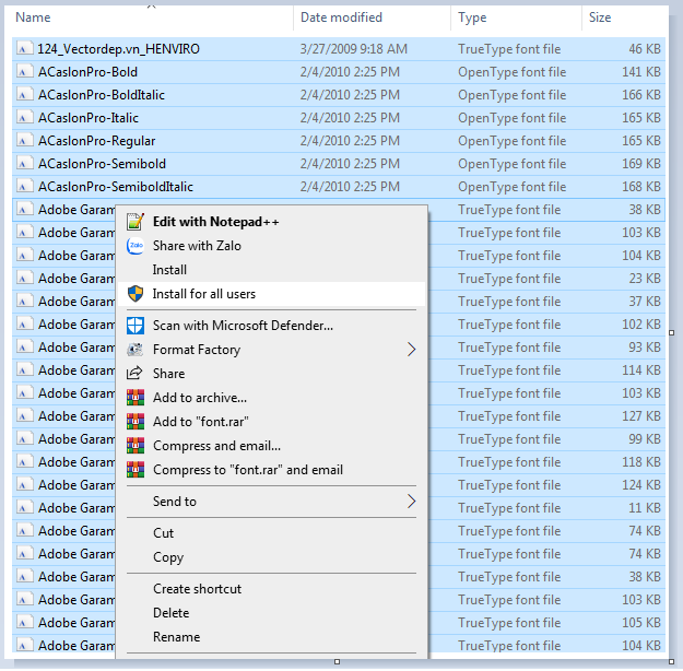 Cài đặt thư viện font